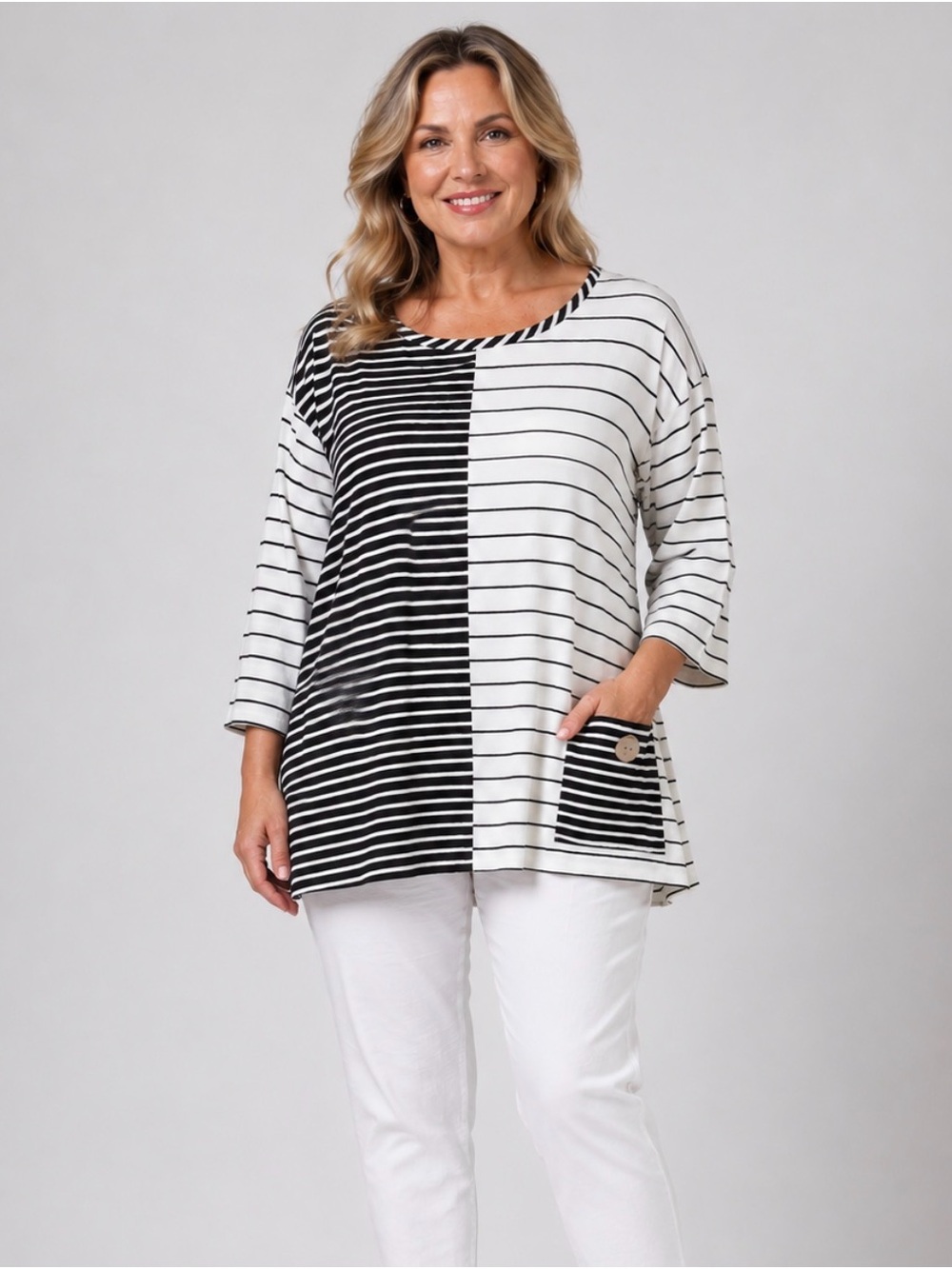 Ali Miles Striped Black & White Pocket Tunic Top - Women XL NWT $69